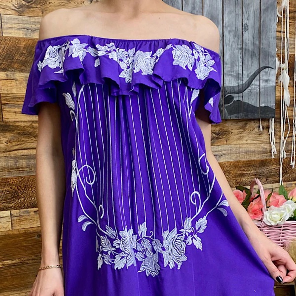 Off-Shoulder Purple Floral Embroidered Tunic Top